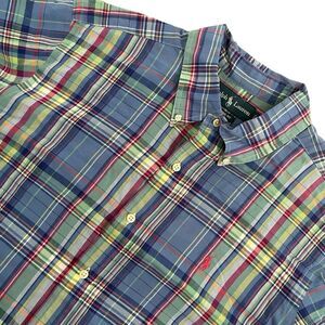 Ralph Lauren Short Sleeve Plaid Green Blue Button Down L Classic Fit Logo Preppy